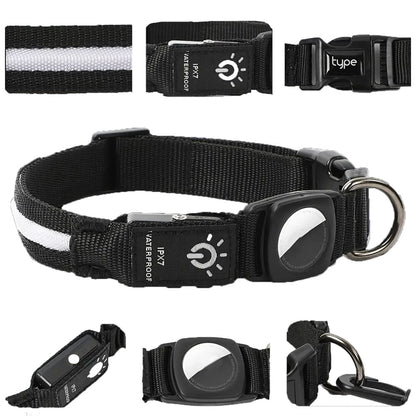 Waterproof LED black dog collar with AirTag holder