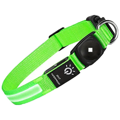 Waterproof LED green dog collar with AirTag holder