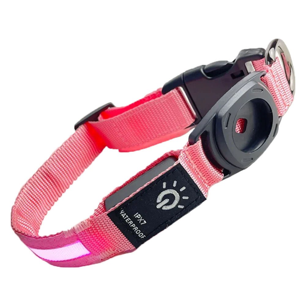 Waterproof LED pink dog collar with AirTag holder