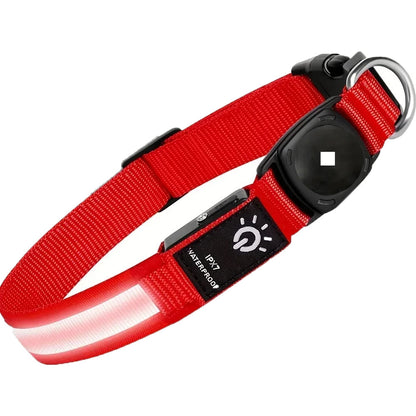 Waterproof LED red dog collar with AirTag holder