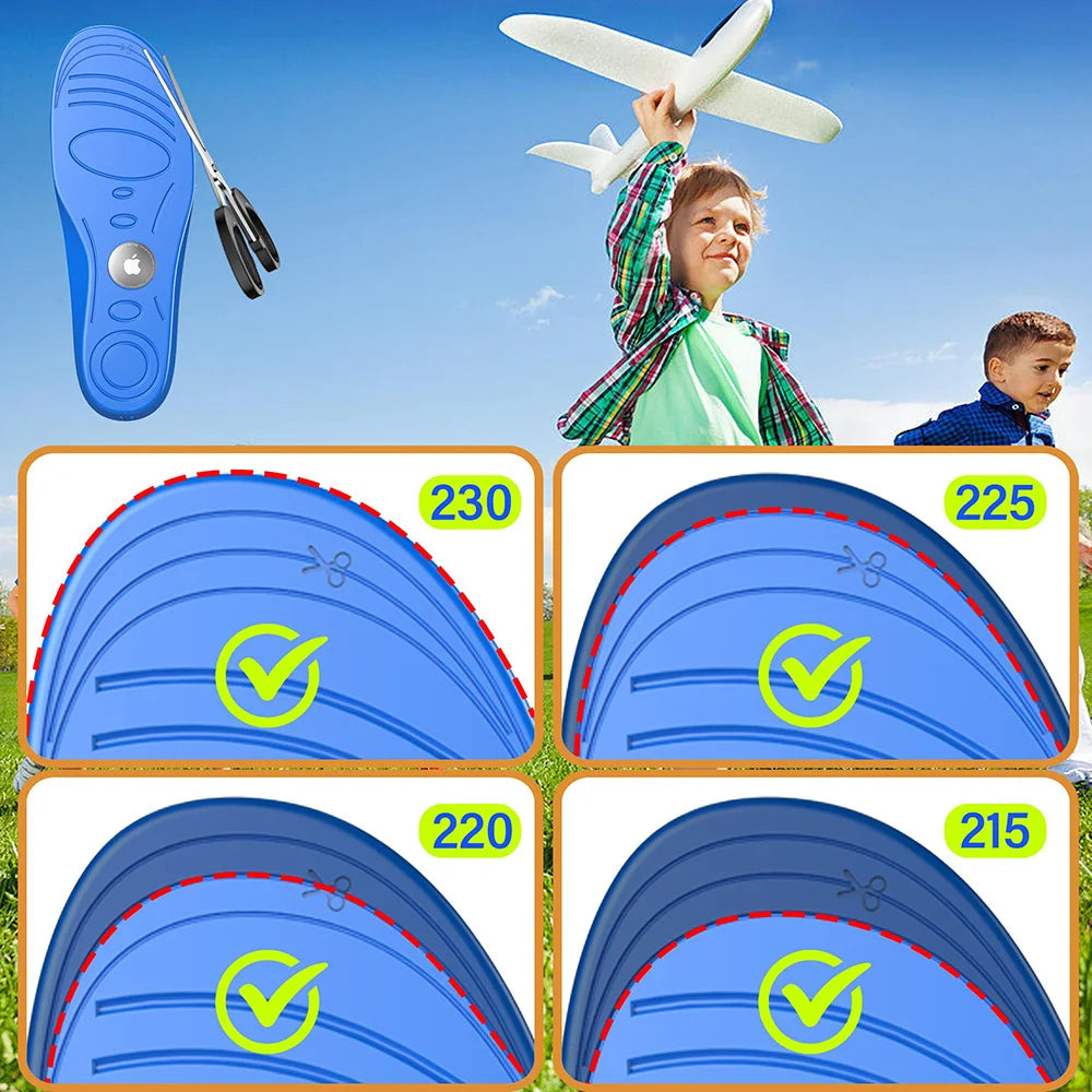 AirTag insoles in multiple sizes for kids and seniors, displayed on a table.