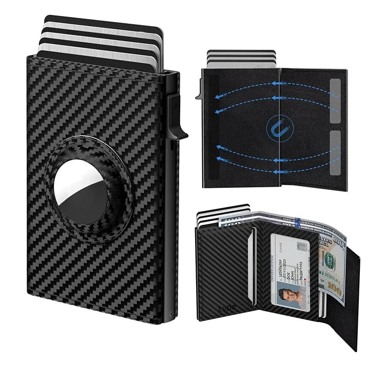 Men's slim carbon fiber wallet with RFID blocking and AirTag holder.