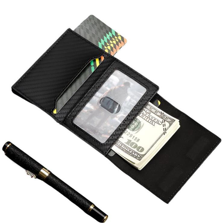 Men's wallet with integrated AirTag holder and multiple card slots.